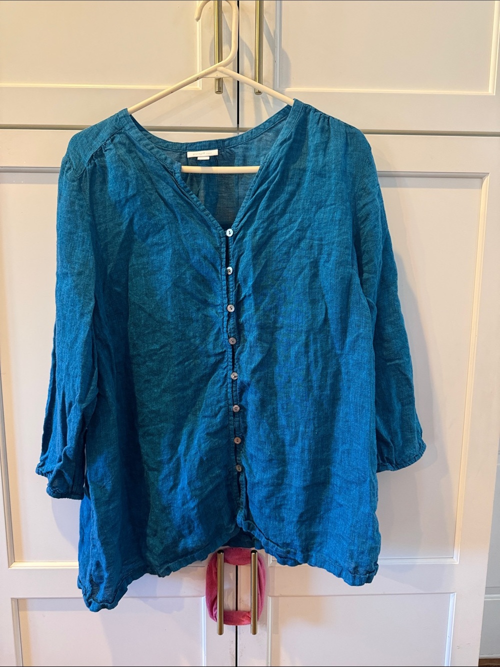 J. Jill Teal Button-Front Linen Tunic Blouse Large